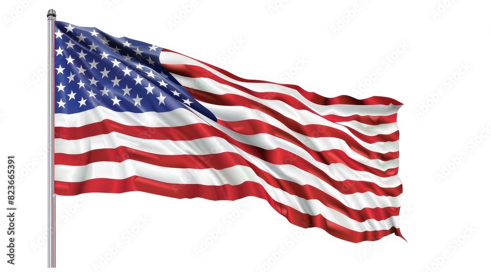Obraz premium The American flag is waving in the wind, white background
