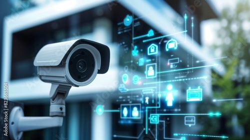 Close-up of a security camera against a blurred house background with floating digital icons and data analytics.