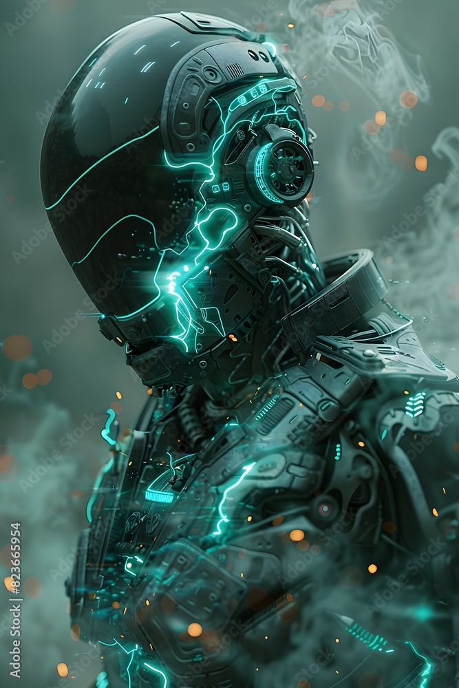 Captivating Cyborg Mist Warrior in an Alien Technological Landscape with Intricate Exosuit Design and Glowing Synapse-like Interfaces Captivating Cyborg Mist Warrior in an Alien Technological Landscape with Intricate Exosuit Design and Glowing Synapse-like Interfaces