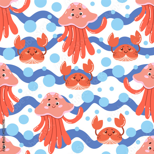 A summer vector seamless pattern with cute funny jellyfish and crabs on the background of abstract waves. Perfect for baby bedding, wallpaper, wrapping paper, fabric, textiles, T-shirt prints © lovaisme