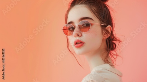 fashion woman sunglasses lady girl trendy lifestyle young light pastel peach beautiful attractive on light pastel peach background. Natural lighting, professional photograph realistic, artistic,