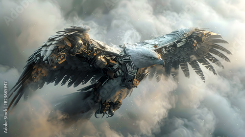 Captivating Cyborg Eagle Warrior's Impressive Mechanical Wings and Fierce Determined Expression Amid Ethereal Smoke