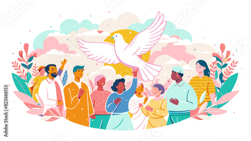 Colorful Illustration of Diverse People United for Peace with Dove. Vector illustration for International Peace Day