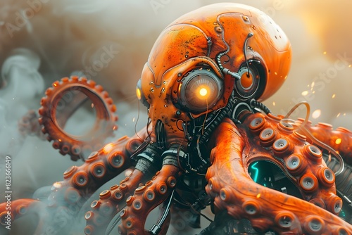 Captivating Cyborg Octopus Warrior Wielding Glowing Cybernetic Tentacles in Ethereal Smoke-Shrouded Realm