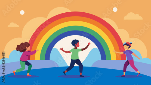 Joyful Children Playing Under Rainbow Sky Illustration. Vector illustration for International Peace Day