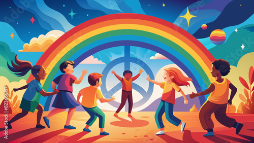 Joyful Children Dancing Under Rainbow in Vibrant Fantasy Landscape. Vector illustration for International Peace Day