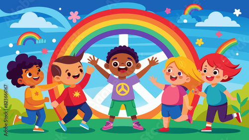 Joyful Children Celebrating Friendship Under a Vibrant Rainbow. Vector illustration for International Peace Day
