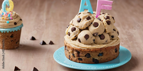 Symbols of birthday celebration. Birthday Cake.  Chocolate Chip Cookie Dough  cake. photo