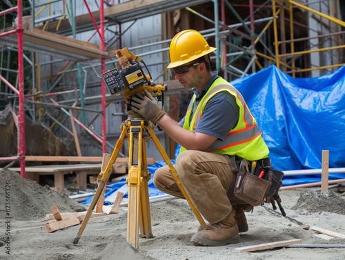 Construction worker in safety gear using a theodolite for measurements on a busy construction site.
