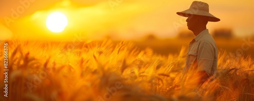 Golden wheat field at sunset  farmers working close up  focus on  copy space  warm and rich tones  Double exposure silhouette with autumn sky
