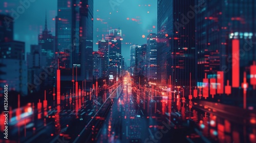 Futuristic stock exchange visualization focus on, financial growth, surreal, double exposure, cityscape