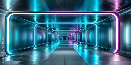 Futuristic corridor with blue and purple lights gives portallike vibe to visitors. Concept Sci-fi Photography, Futuristic Setting, Ambient Lighting, Portal Effect, Immersive Experience photo