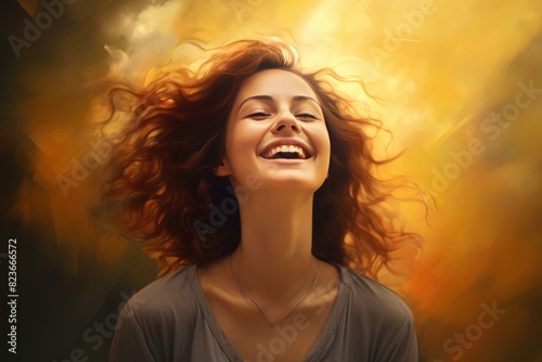 Portrait of a beaming woman with flowing hair surrounded by a warm, golden glow