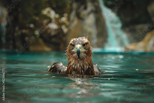 a eagle swims in a deep river