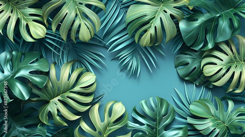 Captivating Tropical Leaf Motif with Lush Monstera and Palm Fronds on Soft Blue Background