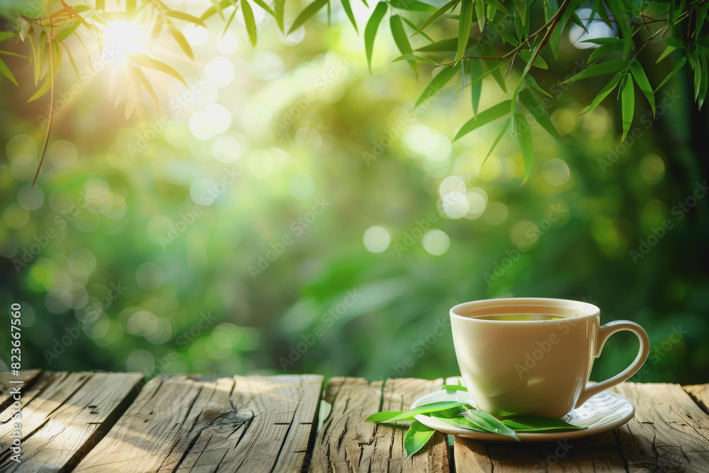 A cup of bamboo leaf tea on a wooden table on a nature background, a big copy space A cup of bamboo leaf tea on a wooden table on a nature background, a big copy space
