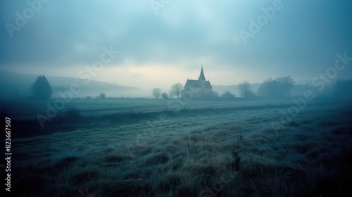 Vintage Photography: atmospheric Isolation - Church in the foggy countryside. 