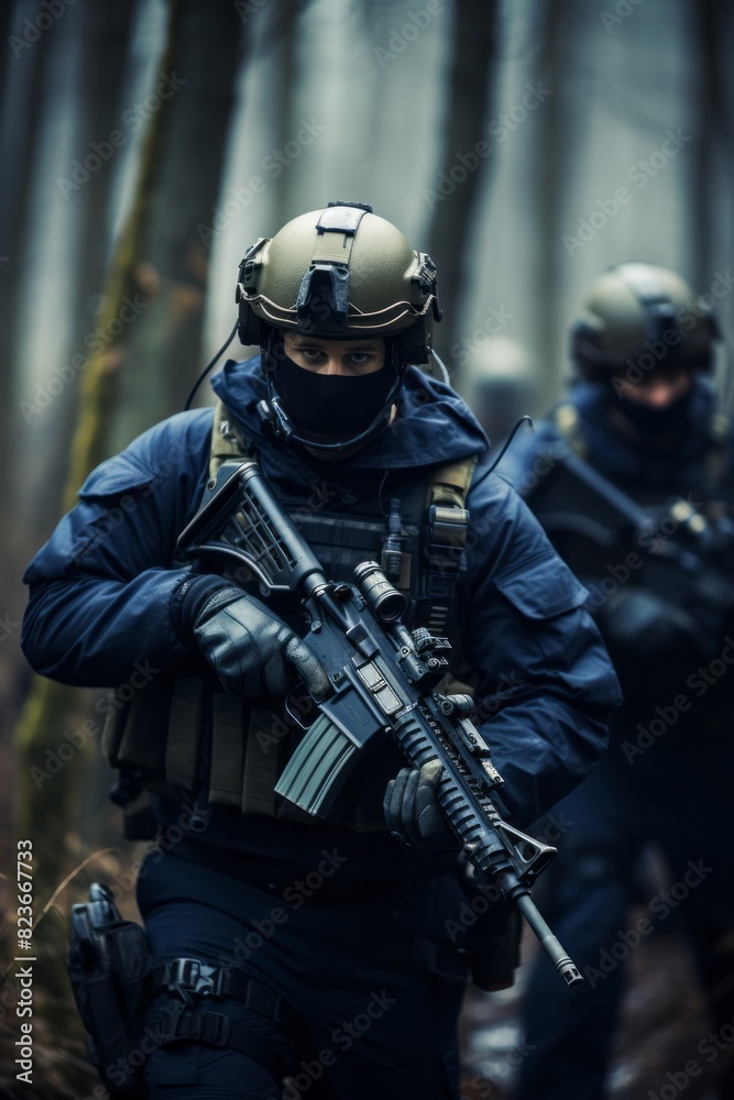 A group of men in military gear are seen walking through a dense forest as part of a joint training exercise. They appear focused and determined, moving in a tactical formation through the wooded area A group of men in military gear are seen walking through a dense forest as part of a joint training exercise. They appear focused and determined, moving in a tactical formation through the wooded area