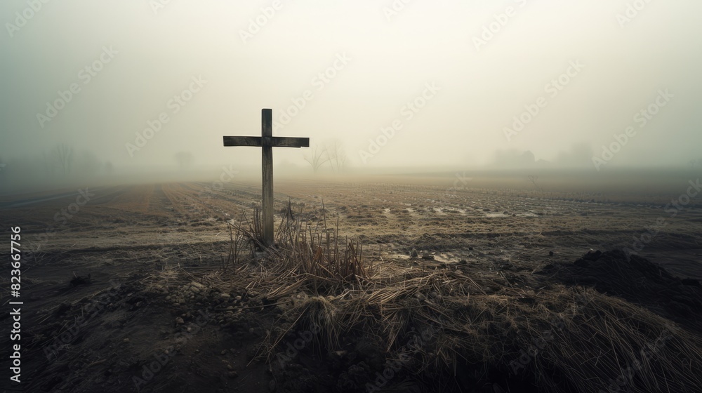 Naklejka premium Vintage Photography: solitary cross in the winter countryside. 