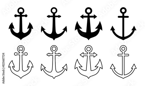 Anchors icons set. Anchor in sea.Fill and stroke.