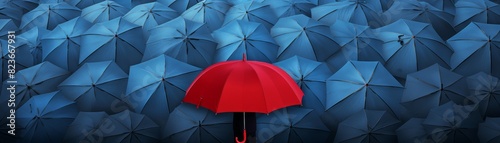 Red umbrella standing out among blue umbrellas