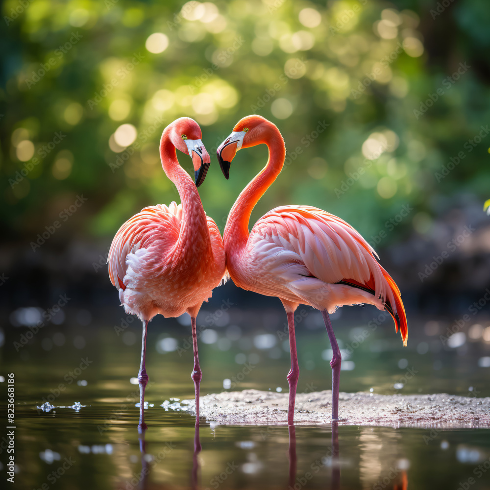 two flamingos stand together in affection