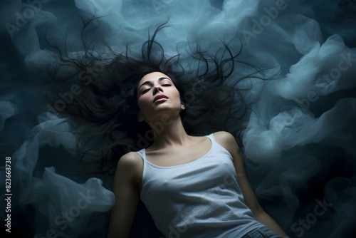Enigmatic image of a young woman lying down surrounded by delicate swirls of smoke  evoking mystery