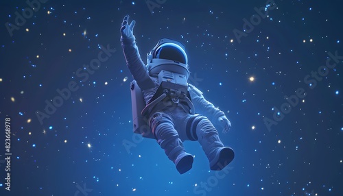 A 3D cartoon astronaut floating with arms outstretched 