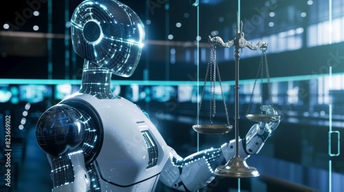 Illustration of a robotic judge with a human-like appearance holding scales of justice in a high-tech environment.