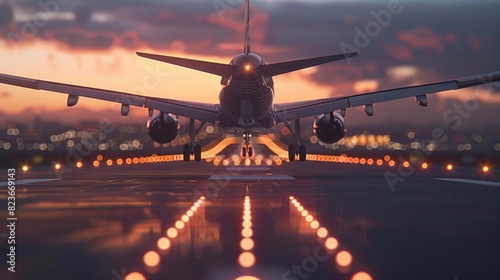 The closeup photo captures the wingtip of a commercial airplane and the runway below during its landing providing a realistic and minimal view, Generated by AI photo