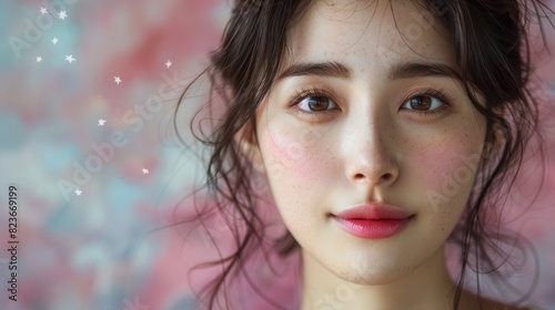 Korean beauty secretary smiling warmly, customer rating stars floating around © 2D_Jungle