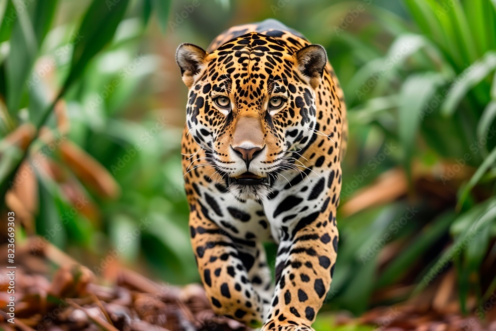 Jaguar walking through the rainforest Jaguar walking through the rainforest