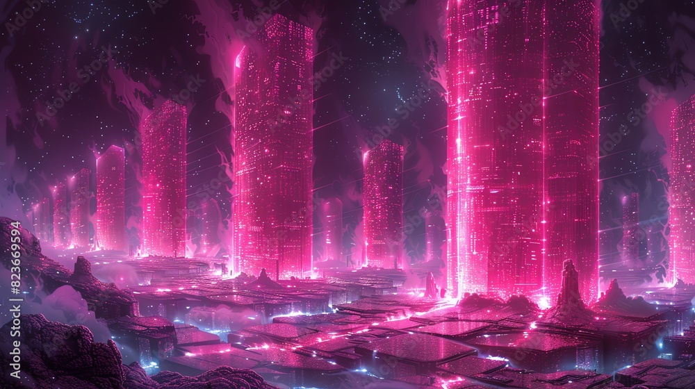 Futuristic cityscape with glowing pink towers and a dark sky.