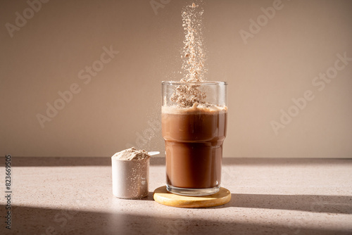 Protein shake and chocolate protein powder in a scoop, food supplement