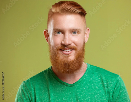 Close up em um homem ruivo sorridente, com barba, camiseta verde e fundo verde. photo