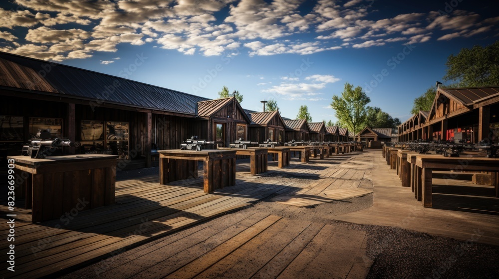 Obraz premium Historic western town reimagined with wooden buildings and outdoor workbenches in a serene evening light