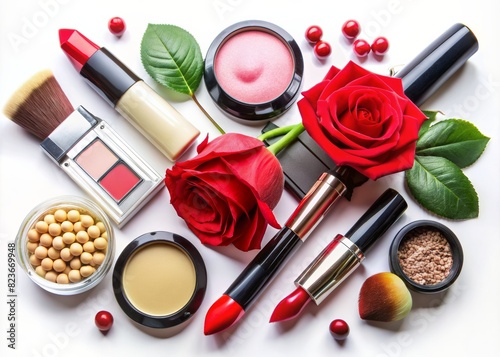 Various makeup products Red Lipstick Mascara with red roses on a pink background with copy space top view Flat Lay photo