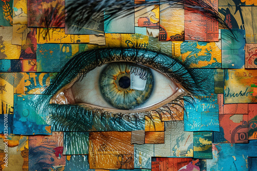 Collage portrait painting facial closeup eye contact print design art poster Generative AI technology