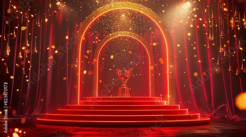 A red and gold podium with a trophy on it. The podium is lit by spotlights. photo