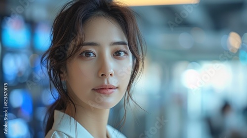 Korean beauty secretary with a sleek hairstyle, showcasing high customer ratings on a screen