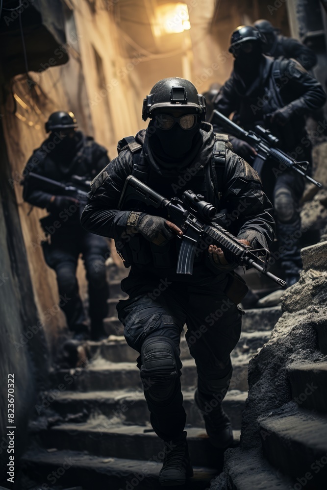A group of elite commandos in full gear are seen walking down a set of stairs in a tactical formation. Their movements are precise and coordinated as they prepare for a high-risk mission