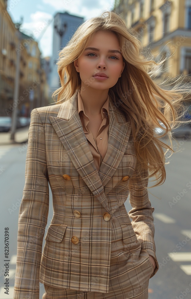 Stylish woman in a plaid suit walks down the street, smiling and glancing at the camera Stylish woman in a plaid suit walks down the street, smiling and glancing at the camera