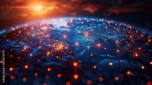A dazzling view of Earth from space, illuminated by network-connected points, symbolizing global digital connectivity at sunrise.