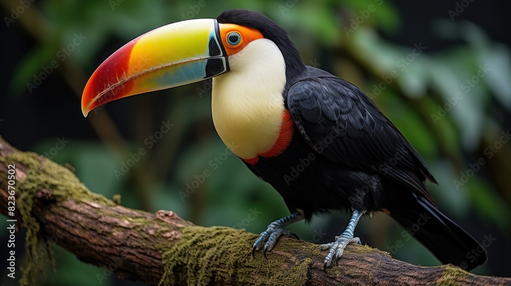 Obraz premium Vibrant close-up of a toucan with its distinctive beak perched on a green tree branch in a natural setting