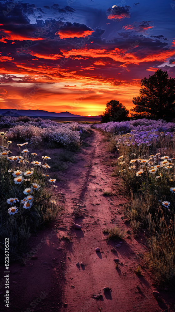 At Night in The Field The Full Moon Hangs High And A Small Path Leads To The Distance The Roadside is Dotted With Wildflowers And Shrubs Landscape Background At Night in The Field The Full Moon Hangs High And A Small Path Leads To The Distance The Roadside is Dotted With Wildflowers And Shrubs Landscape Background