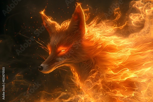 Ethereal Nine-Tailed Foxfire Beast Wreathed in Mystical Flames and Chiaroscuro Lighting © lertsakwiman