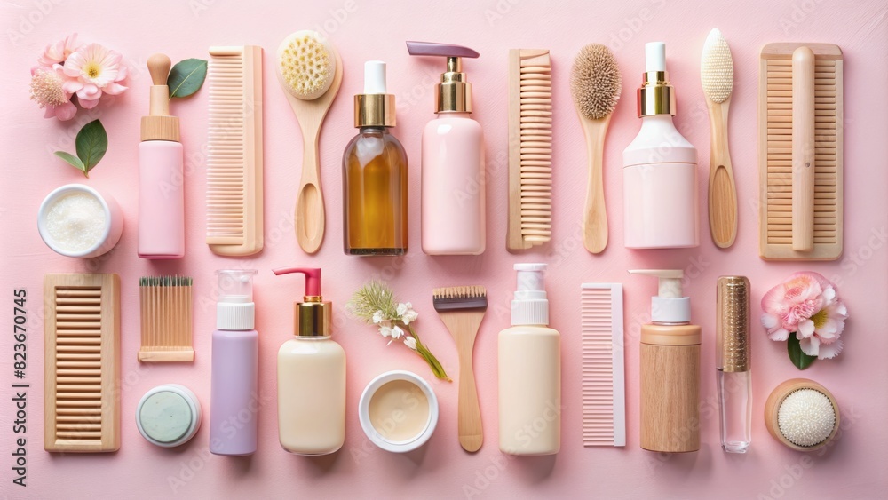 Flat lay composition with brushes and hair care cosmetics on light pink background Flat lay composition with brushes and hair care cosmetics on light pink background