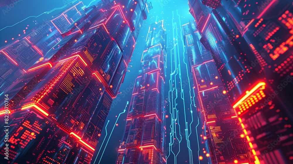 A futuristic cityscape constructed of glowing circuit boards, with streams of data flowing between skyscraper-like structures, representing the interconnected nature of technology and society,