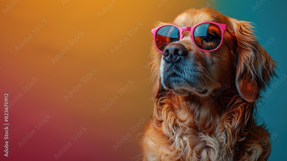 Golden retriever wearing red sunglasses against a colorful gradient background, exuding cool and stylish vibes.