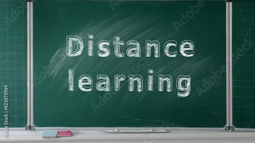 The words Distance learning are prominently written in chalk on a green chalkboard, suggesting a focus on remote education.